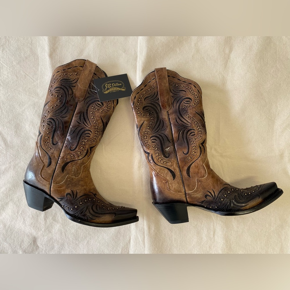 NWT J.B. Dillon Reserve Brown and Black Embroidered Leather Cowboy Boots W11 - Picture 2 of 13